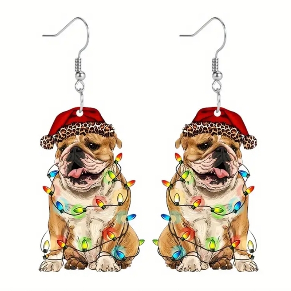Bulldog Holiday Acrylic Dangle Christmas Earrings. NWOT - Picture 2 of 4